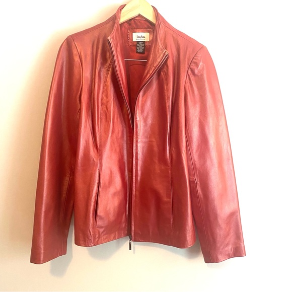 Neiman Marcus Exclusive Pearlized Red Lamb Leather Jacket Size L - Picture 2 of 5